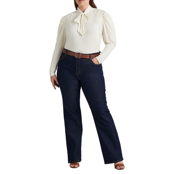 New! RALPH LAUREN Women's Pintuck Tie-Neck Jersey Top Blouse Size 1X Color Cream - Picture 4 of 7